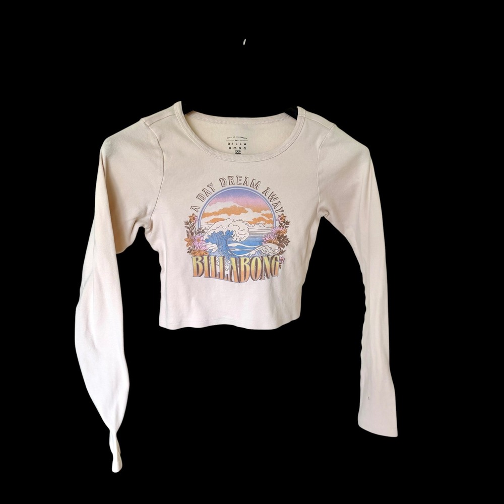 Billabong Long Sleeve Crop Top Cream Graphic Wave Sunset Sz Large